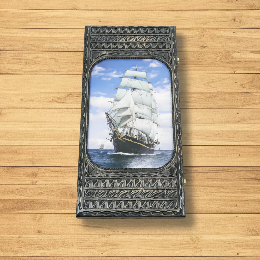 Нарди ручної роботи з дерева "Корабель" з фігурками під склом — ексклюзивний подарунок, фото 1