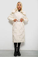 Жіноча Зимова Куртка Молочна Однотонна Середньої Довжини На Пуху З Капюшоном Кишенями Поясом Salex