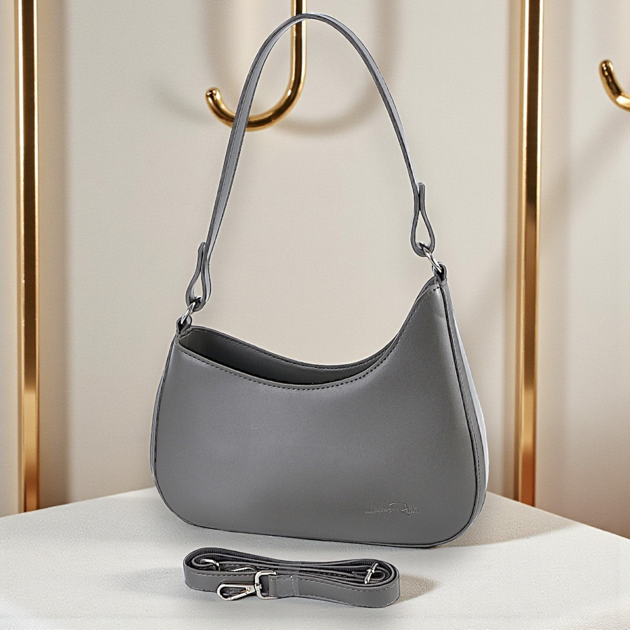 Жіноча сумка багет через плече графіт маленька сумка з плечовим ременем з екошкіри, фото 1