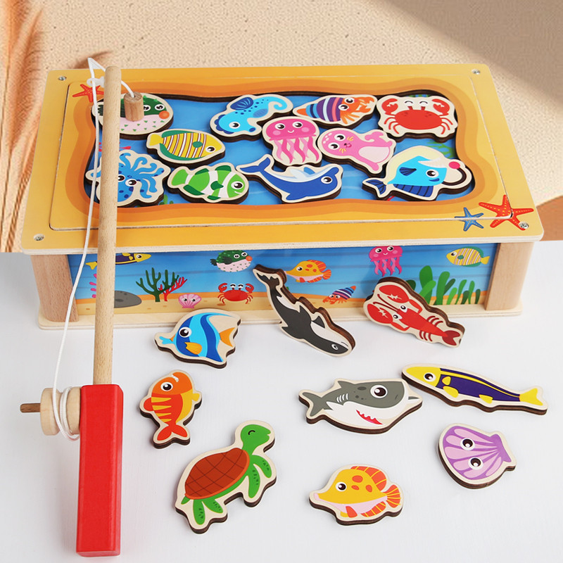 Дерев'яна риболовля-сортер Магнітна гра Дістань рибку дитині для розвитку моторики та мислення вудка 20 фігурок, фото 1