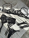 Чорний мереживний комплект білизни ліф, трусики, пояс і гартери, фото 10