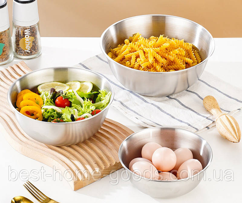 Набір мисок з нержавіючої сталі 3 шт | Миски 19/22/24 см з розміткою | Кухонний посуд для салатів і приготування | Золота та срібн, фото 1