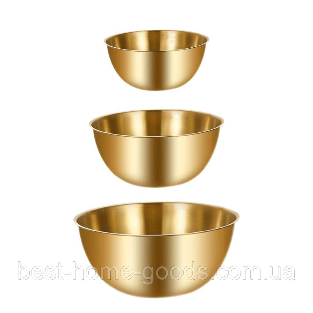 Набір мисок із неіржавкої сталі 3 шт. | Миски 19/22/24 см з розміткою | Кухонний посуд для приготування | Золотий і сріблястий Зол, фото 1