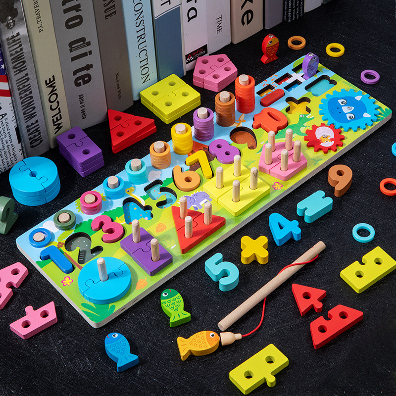 Логічна дошка дерев'яна іграшка з набором розвивальних ігор для дітей Магнітна риболовля сортер кілочки цифри, фото 1