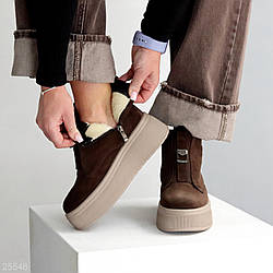 Молодіжні Шоколадні зимові черевики натуральна замша на бежевій платформі 38