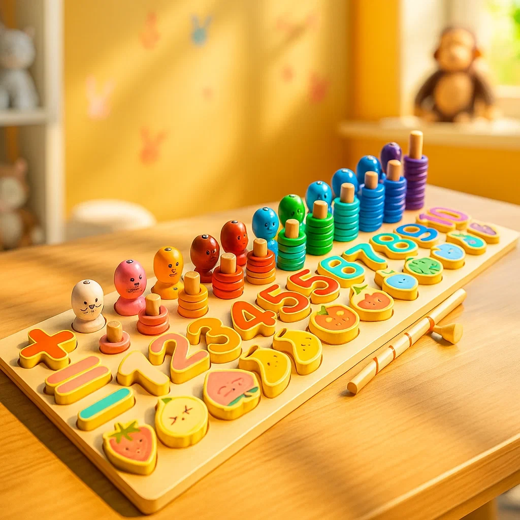 Дитяча логічна дошка Іграшка для раннього розвитку 4в1 Сортер Магнітна риболовля Кілочки цифри вивчення кольорів, фото 1