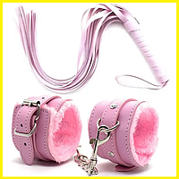 Набор для сексуальных игр в Розовом цвете, Кнут многохвостка с наручниками для фиксации рук, Интимные игрушки