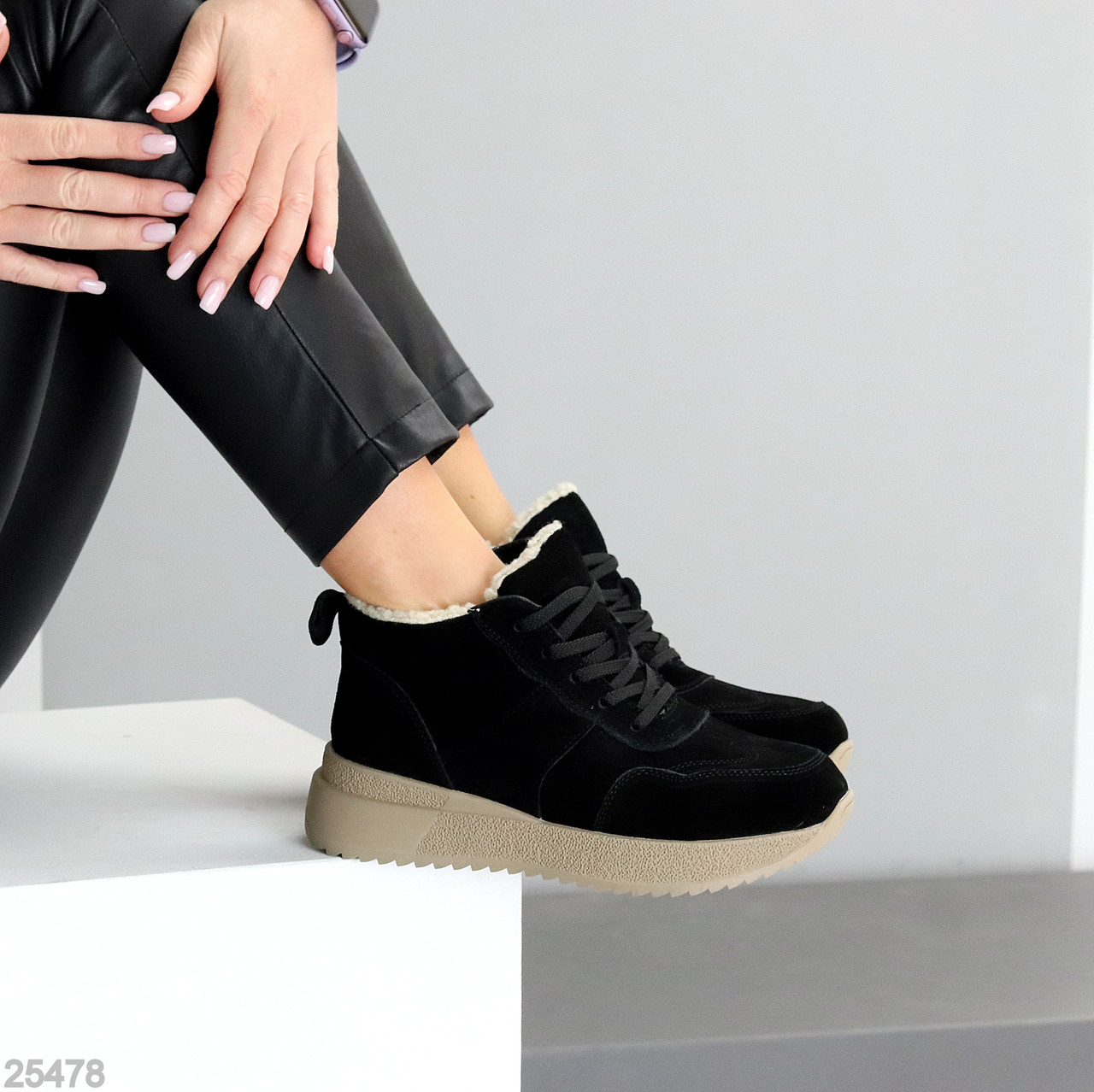 Спортивні чорні замшеві зимові черевики блискавка+шнурівка, фото 1