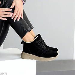 Спортивні чорні замшеві зимові черевики блискавка+шнурівка