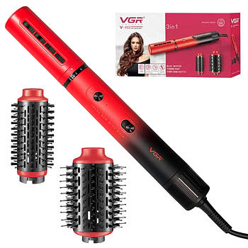 Фен щітка для волосся 3 насадки, від мережі, V-489, Червоний / Стайлер для укладання волосся / Фен браш