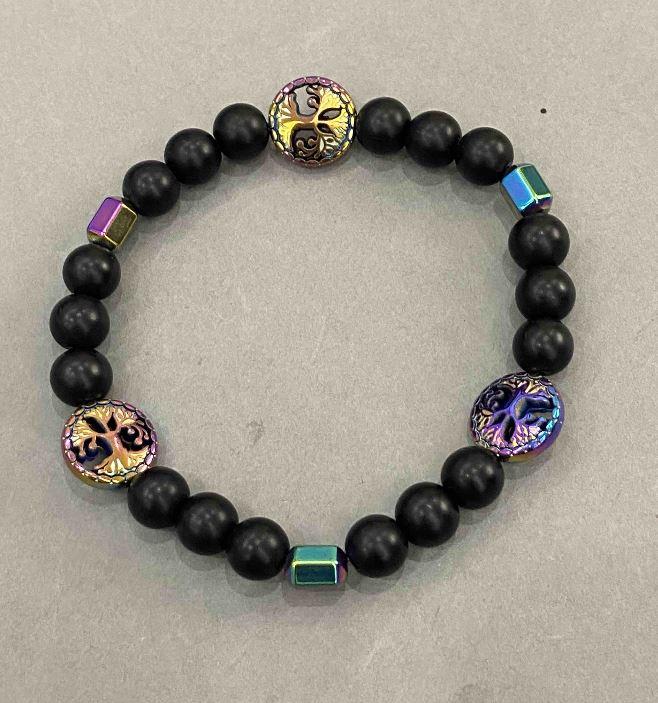 Браслет Шунгіт гладка кулька d-8мм+- Гематит монетка 12мм+- гранований циліндр 8х5мм+- L-18см (стрейч), фото 1