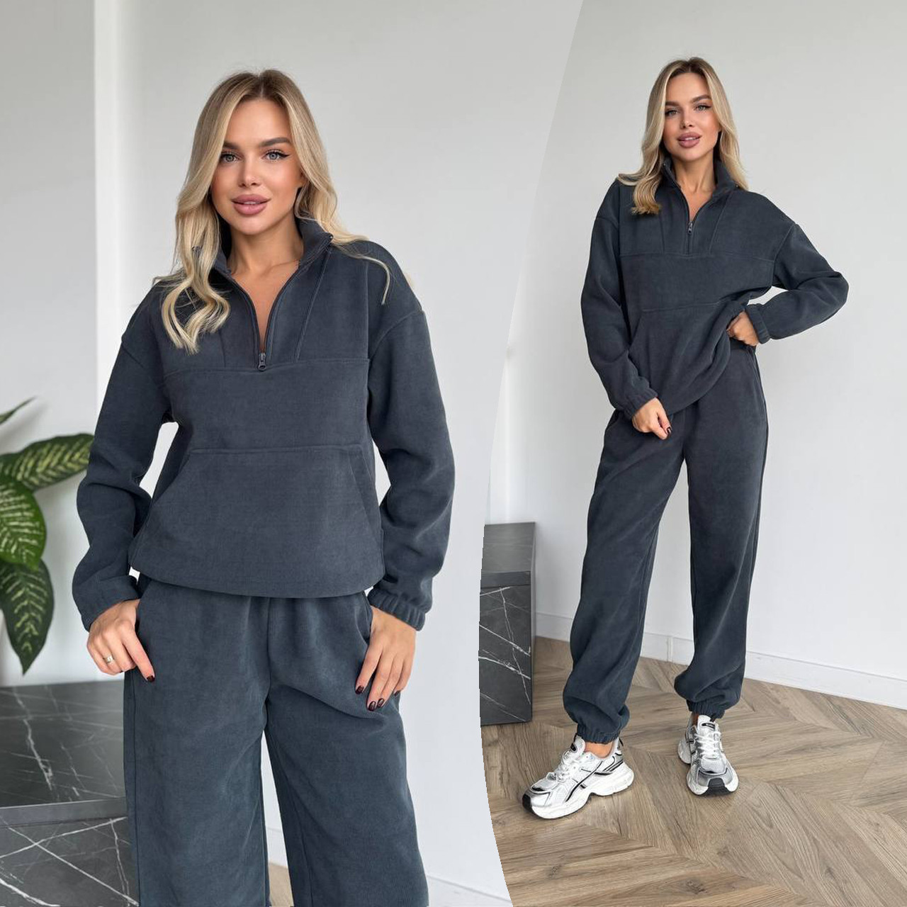 Графітовий теплий жіночий костюм із мікровельвету на велюрі в спортивному стилі, фото 1