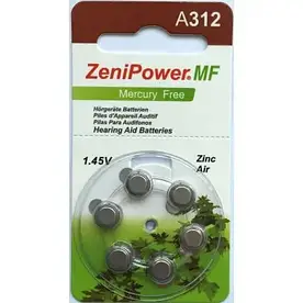 Батарейки до слухових апаратів ZeniPower A 312 - (6 штук у блістері)