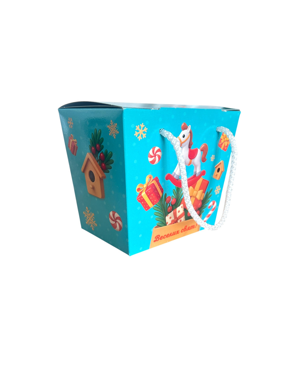 Новорічна коробка для цукерок до 700 г Бірюза з ручкою шнурівкою, фото 1