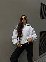 Женская кофта худи оверсайз стильная теплая без молнии с капюшоном длинный рукав кашкорсе серый меланж S-L