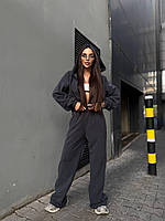 Жіночий спортивний костюм зима фліс двосторонній з капюшоном укорочене худі вільні штани графіт 42 48