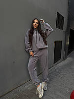 Жіночий костюм худі і штани на флісі зимовий вільного крою вшитий капюшон Графіт 42-46