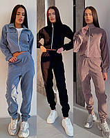 Жіночий костюм мікровельвет повсякденний спортивний двійка укорочена куртка комір блискавка джогери чорний 42-52