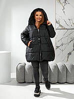 Жіноча куртка для повних, стьобана, тепла, з капюшоном, на блискавці, водонепроникна, чорна 56-70