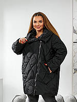 Жіноча тепла стьобана куртка з капюшоном водовідштовхувальна вільного крою довга чорна 56-70
