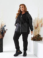 Жіночий костюм-двійка великих розмірів спортивний на флісі, капюшон, стьобаний верх, блискавка, чорний 52 70