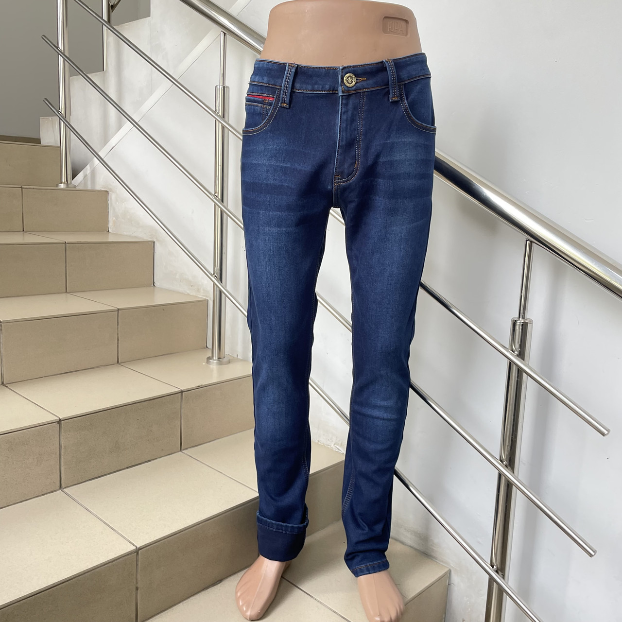 Джинси чоловічі на флісі стрейч теплі завужені сині, фото 1