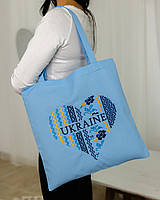 Сумка Шопер з вишивкою Серце України на голубому льоні, еко сумка, шопер, сумка з вишиванкою, сумка для покупок вишита