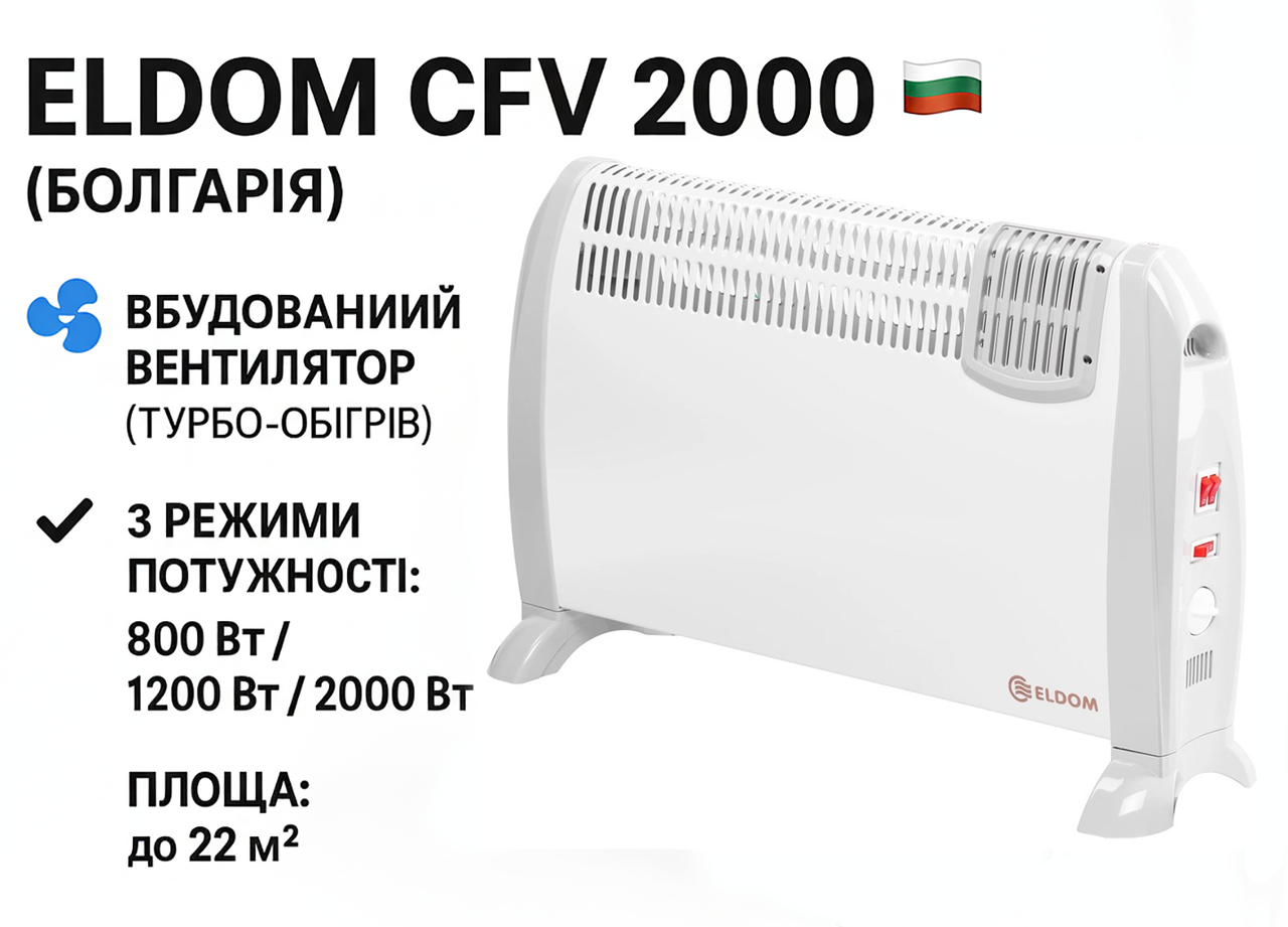ELDOM CFV 2000 (Болгарія) ⚡️ Конвектор ТУРБО з Вентилятором 3-в-1 | Обігрів до 22 м² | 800/1200/2000 Вт, фото 1