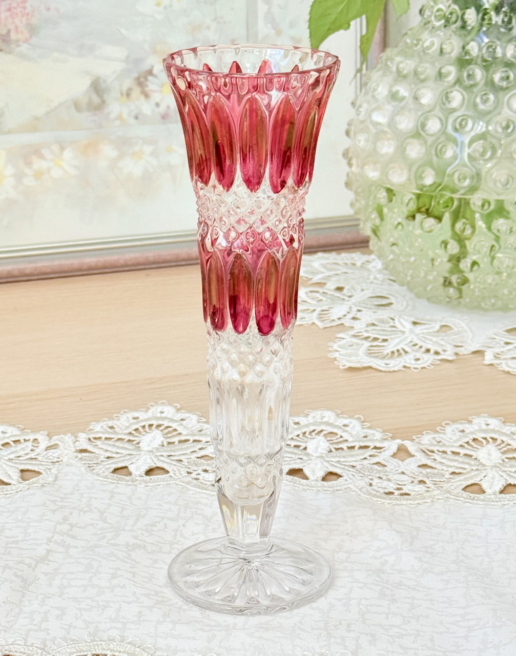 Вінтажна німецька кришталева ваза, рожевий кольоровий кришталь, 28 см