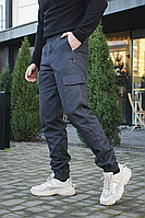 Мужские штаны карго на флисе графит с накладными карманами теплые зимние брюки карго графитового цвета