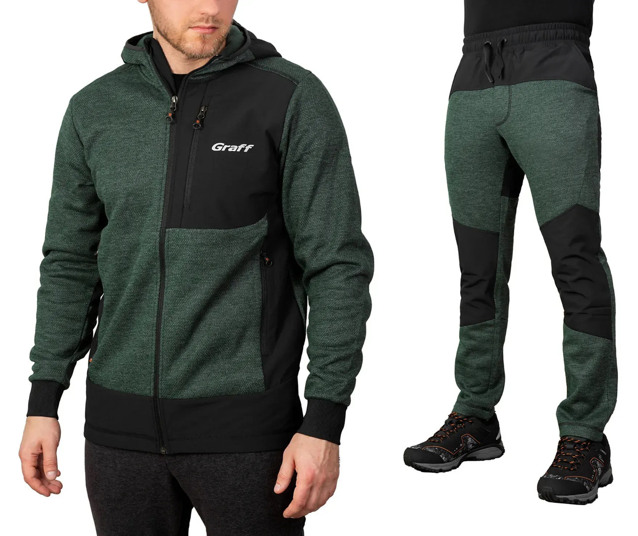 Комплект-костюм флісовий Graff з трикотажними вставками зелений\чорний М, фото 1