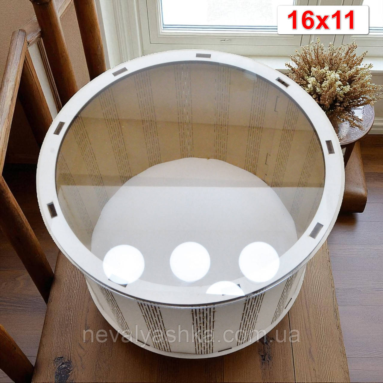 Біла Подарункова Коробка з Прозорой Кришкою Круглої Форми 16х11см Дерев'яна Коробочка для Подарунка Кругла Шляпна під Наповнення