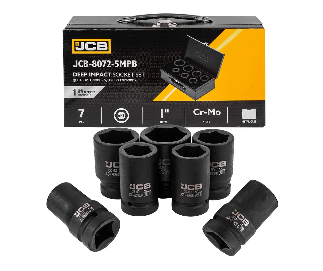 Набір головок ударних глибоких в металевому кейсі 7 од. 1'' (6-гр.) (24-46 мм) JCB Tools JCB-8072-5MPB, фото 1