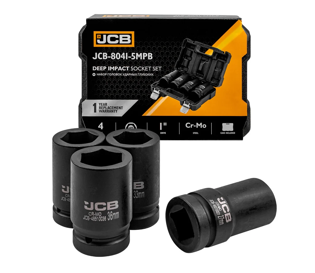 Набір головок ударних глибоких 4 одиниці 1'' (6-гр.) (27, 32, 33, 36 мм) JCB Tools JCB-8041-5MPB, фото 1