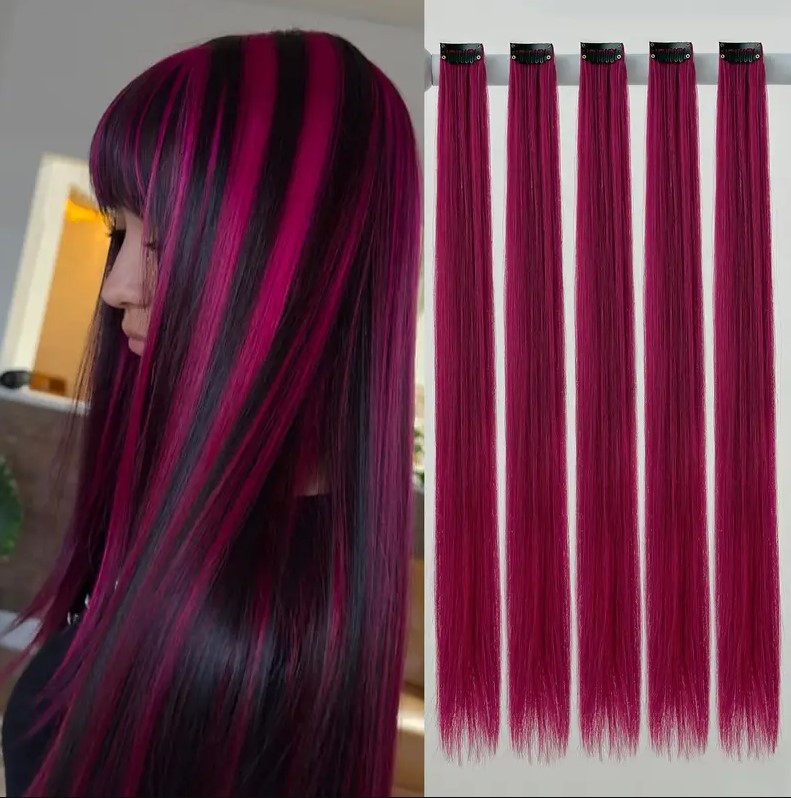 Накладні пасма на шпильках-кліпсах для волосся 55,8 см 5 шт Малиновий, фото 1