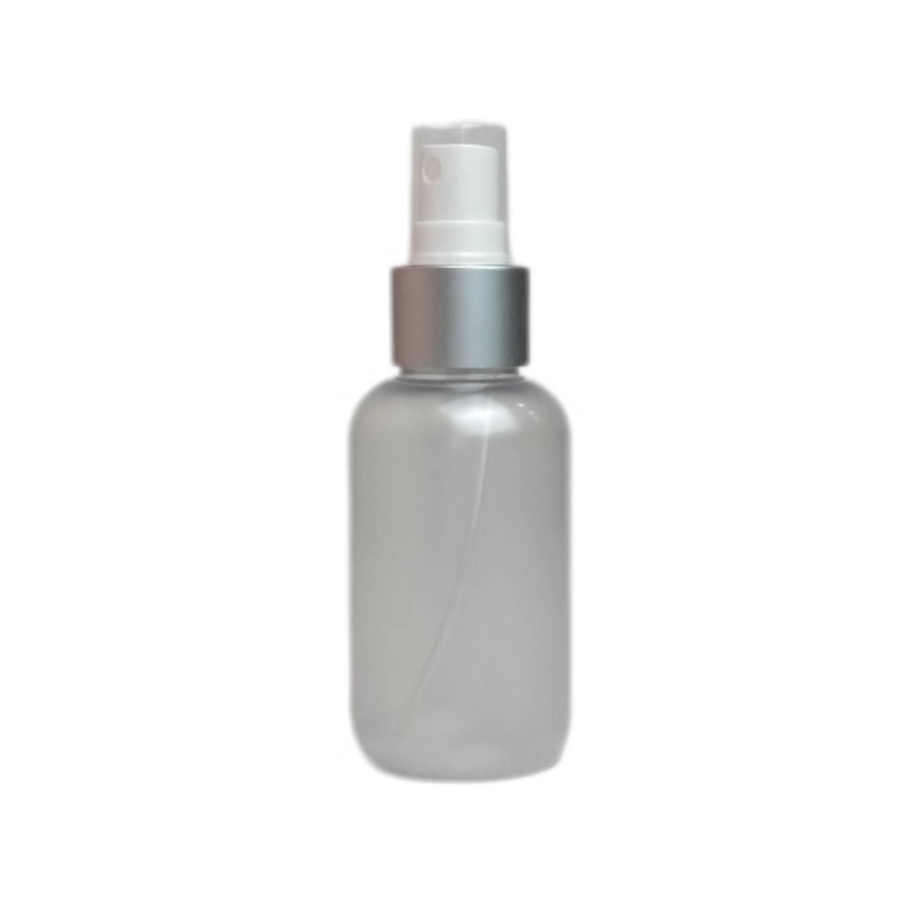 Флакон пластиковий матовий для рідини діаметр горлечка 24 мм з кришкою-спрей біло-срібний 100 мл, фото 1