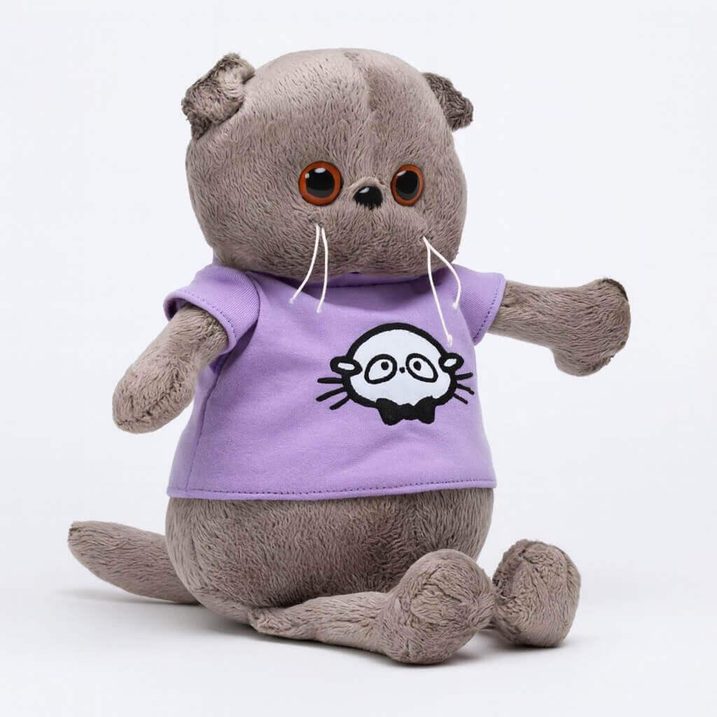 М’яка іграшка Кіт Басик 24 см у фіолетовій футболці — плюшевий вислоухий котик, арт. 98755-92, фото 1