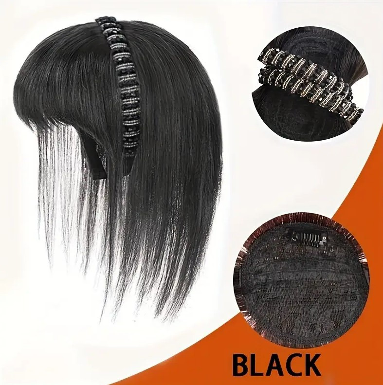 Топер з чубчиком на елегантному обручі чорний колір чубчик на обідку термоволокно, фото 1