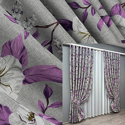 Штори (2шт. 1,5х2,65м.) льон з квітковим принтом, колекція "Прованс". Колір сірий з фіолетовим. Код 1820ш 33-0806