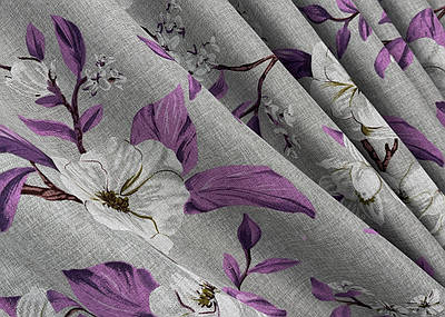 Шторна тканина льон з квітковим принтом, колекція "Прованс". Колір сірий з фіолетовим. Код 1820ш