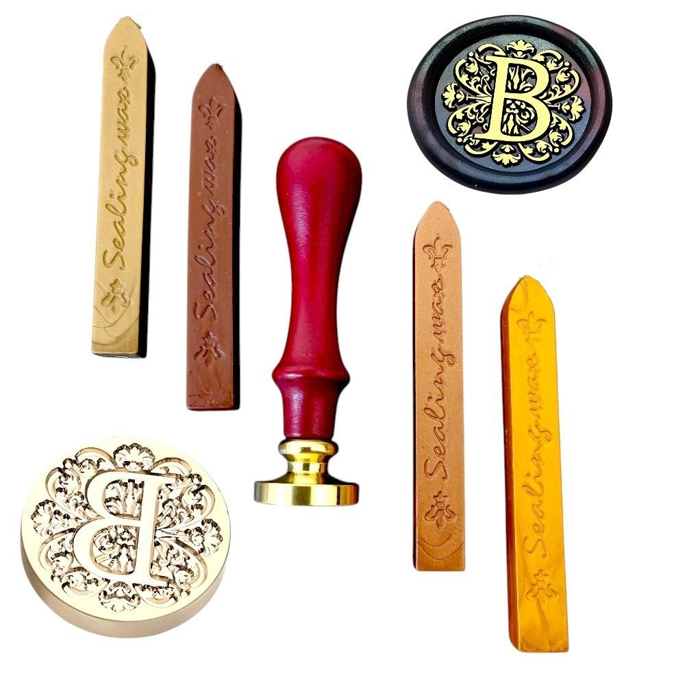 Набір факсиміле сургучний друк з літерою Штамп з літерою B + 4 палички сургуча, фото 1