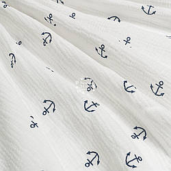 Двошаровий жатий муслін "Темно-сині якорі на білому тлі", ширина 135 см