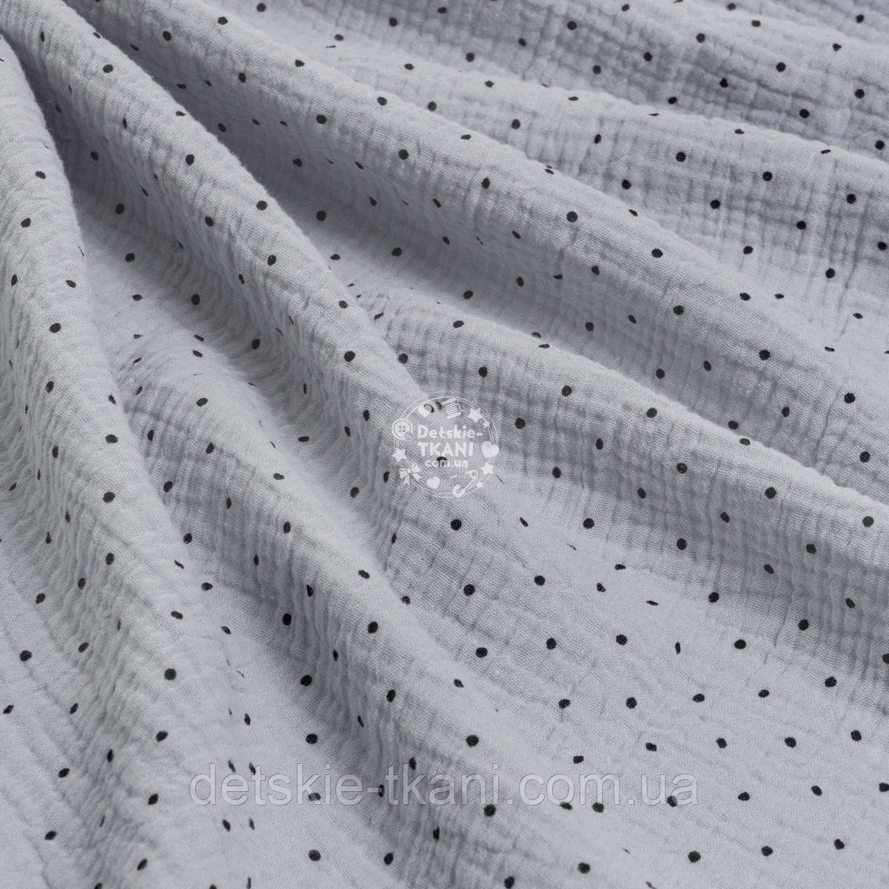Двошаровий жатий муслін з чорним горошком на сіро-блакитному тлі, ширина 135 см, фото 1
