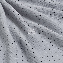 Двошаровий жатий муслін з чорним горошком на сіро-блакитному тлі, ширина 135 см