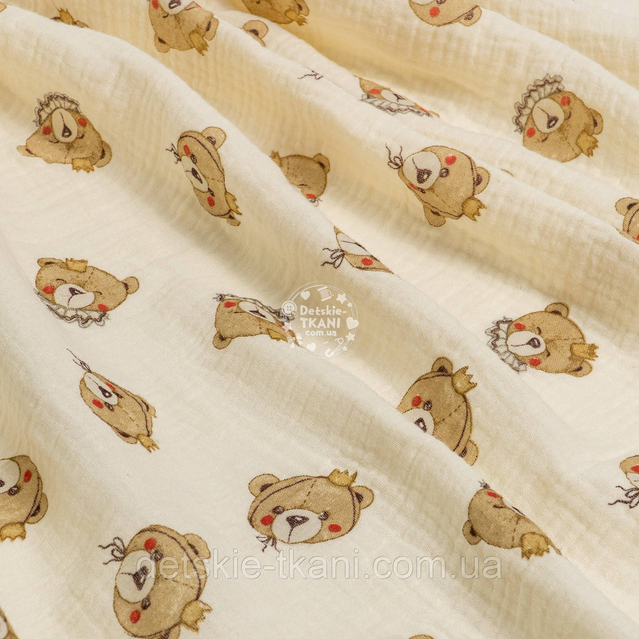 Двошаровий жатий муслін "Ведмедик з короною на ванільному тлі", ширина 160 см, фото 1