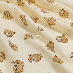 Двошаровий жатий муслін "Ведмедик з короною на ванільному тлі", ширина 160 см