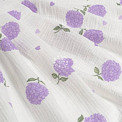 Двошаровий жатий муслін "Нова яскраво-бузкова гортензія і сердечка", ширина 135 см