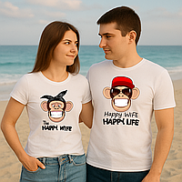 Парні футболки з оригінальним принтом "Мавпи: Happy Wife Happy Life" Білі Push IT