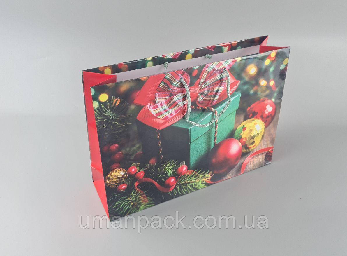 Паперовий Подарунковий Пакет Новорічний горизонтальний 36/22/10 (12 шт), фото 1