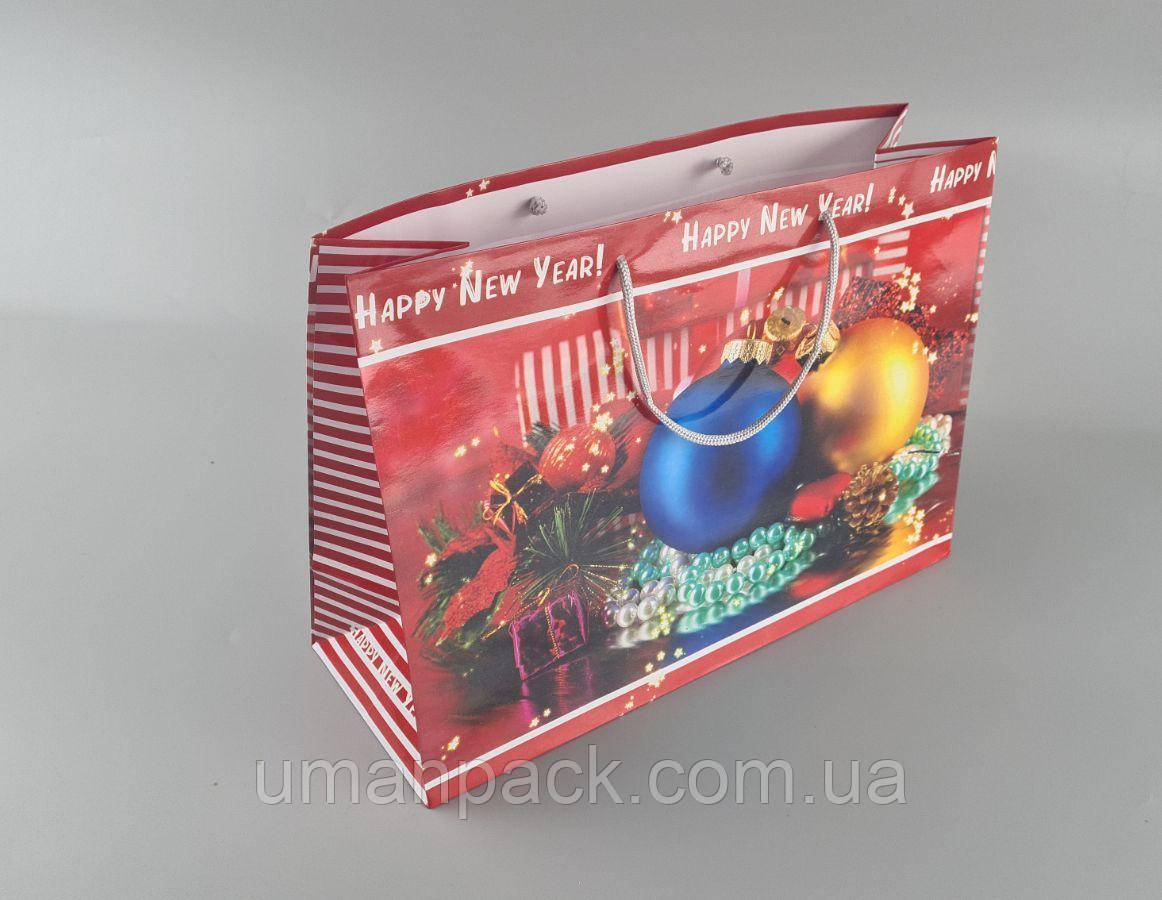 Паперовий Подарунковий Пакет Новорічний горизонтальний 36/22/10 (12 шт.), фото 1